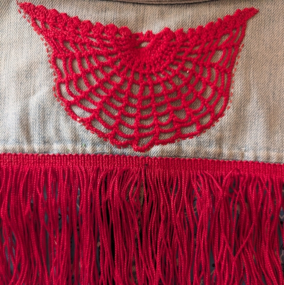 Denim vest, embellished w fabrics, fringe, cowboy boot patch, HANDMADE ITEM - Picture 6 of 11